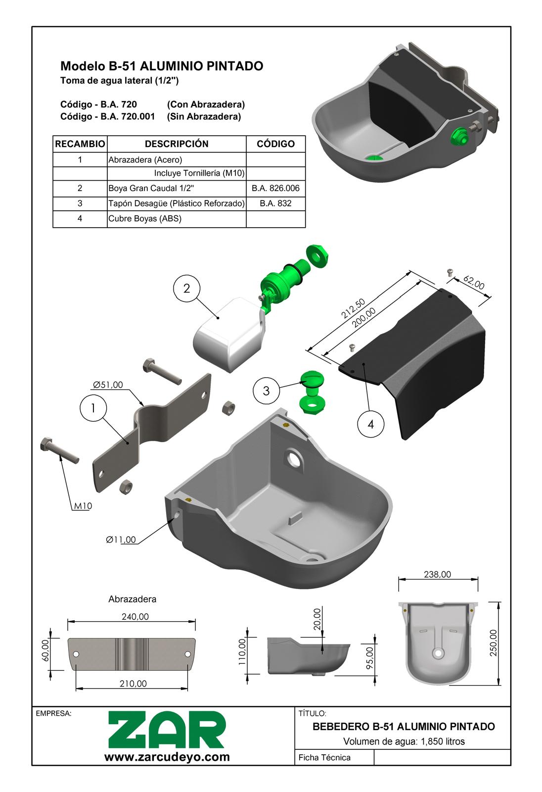 Bebedero automático para ganado BA-720 de aluminio con boya - Imagen 2